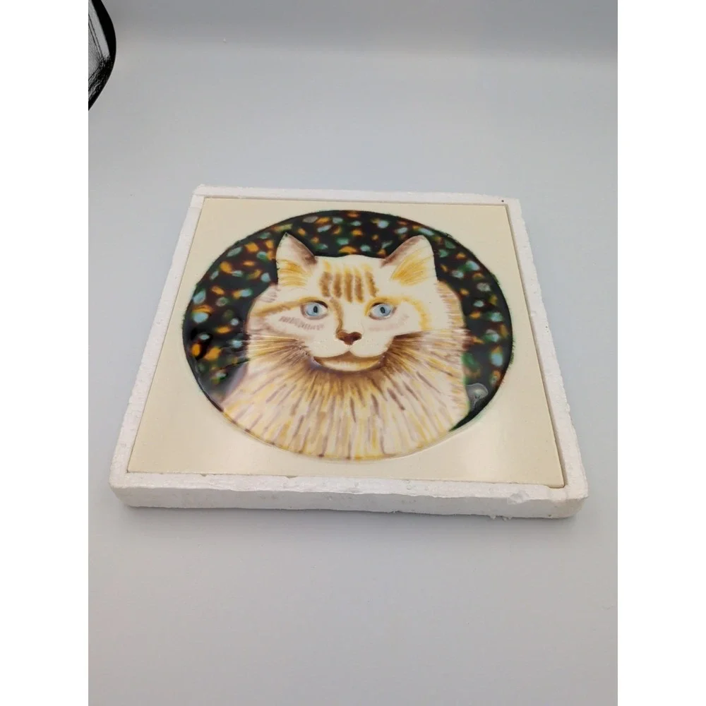 Tile Craft 8x8 Fluffy Cat Ceramic Art Tile Plaque Hanging Wall Decor Stand